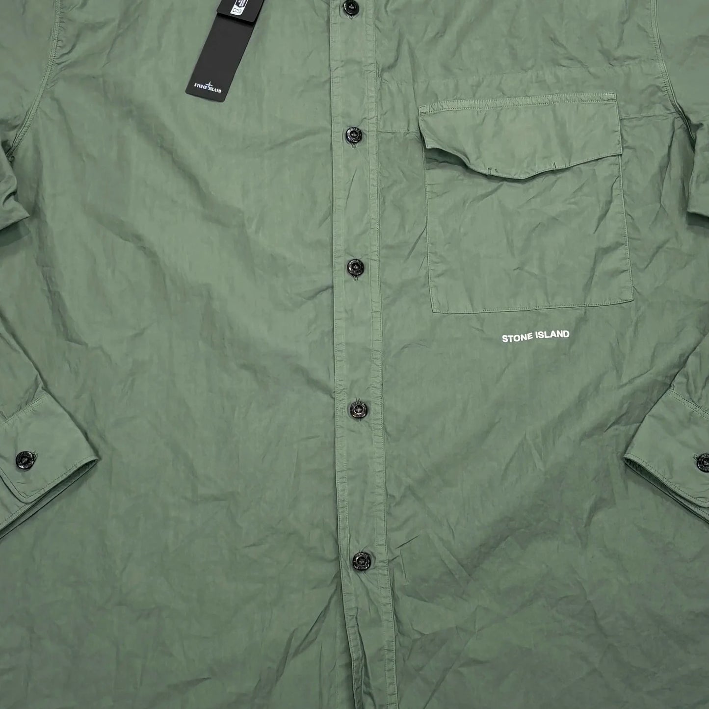 Stone Island Green Printed Logo Spell Out Button-up Shirt