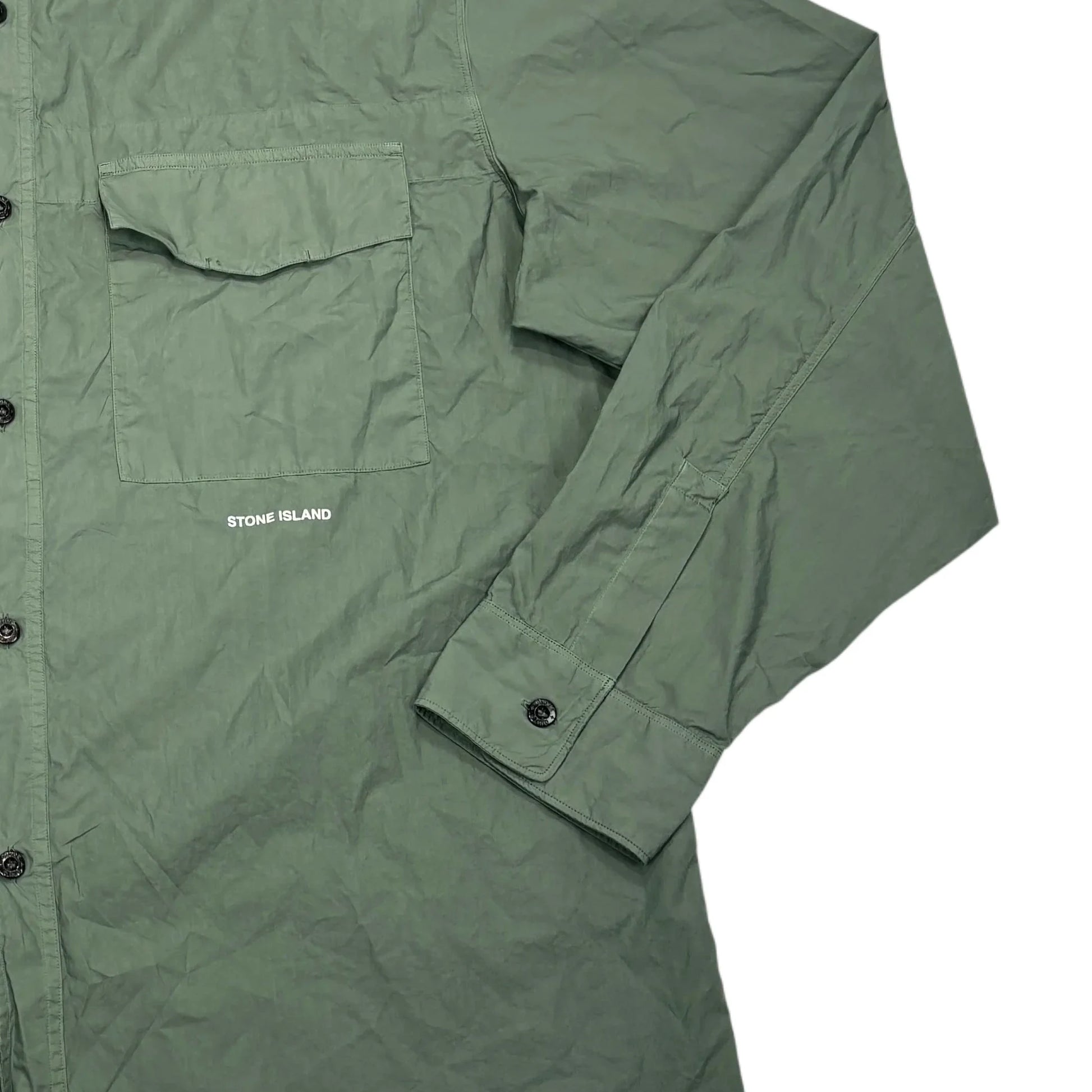 Stone Island Green Printed Logo Spell Out Button-up Shirt