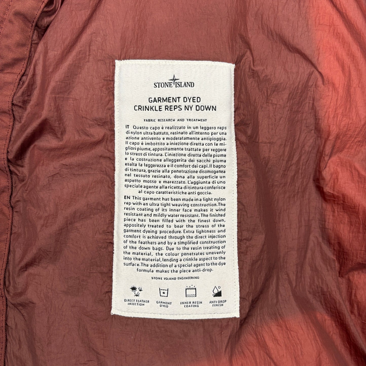 Stone Island Brown Garment Dyed Crinkle Reps NY Down Puffer Jacket