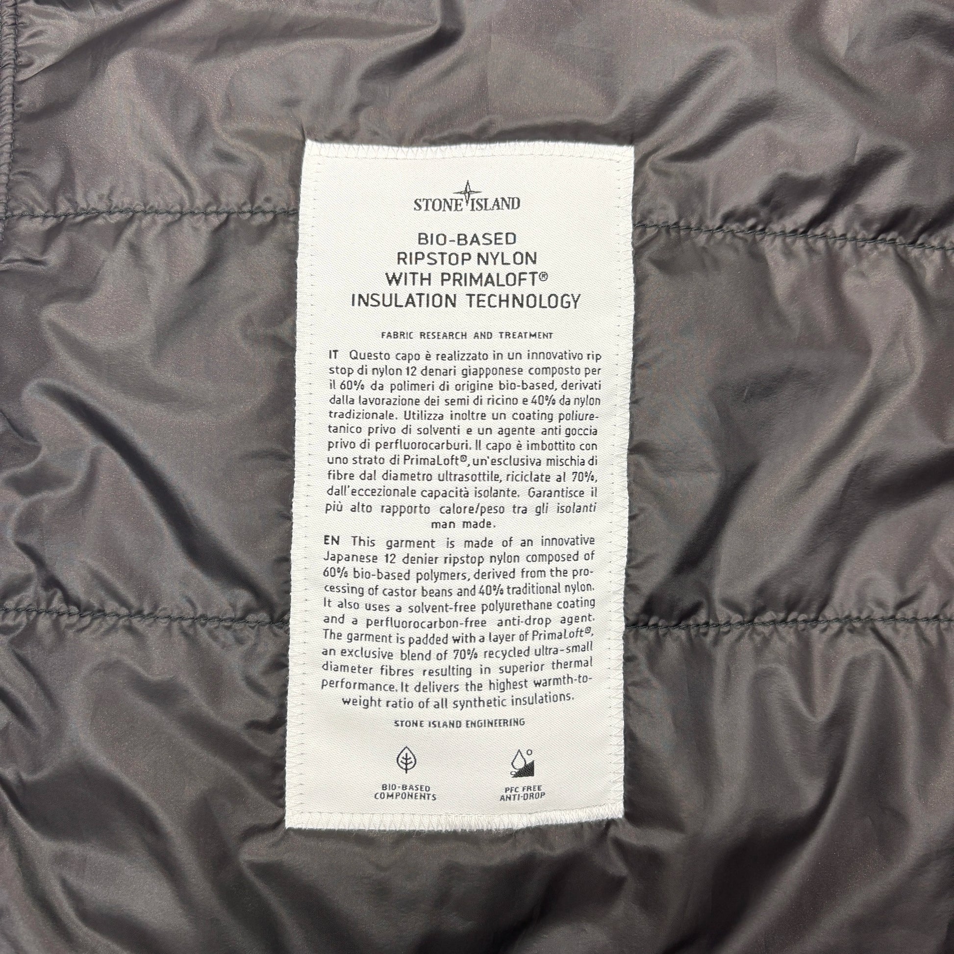 <p>Stone Island Black Bio-Based Ripstop Nylon with Primaloft Insulation Technology Jacket</p>