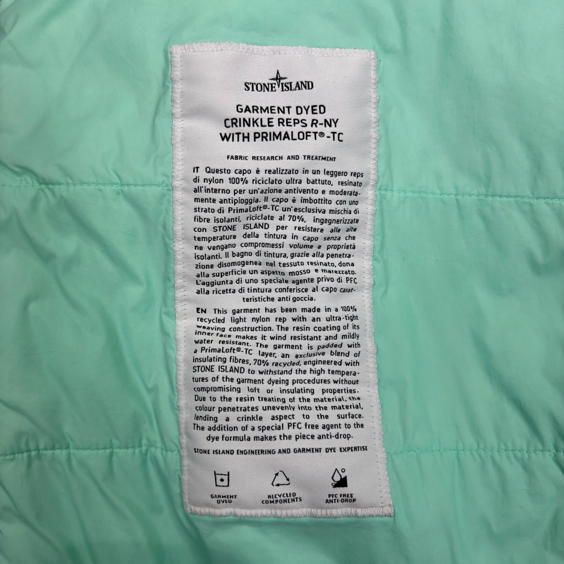 Stone Island Turquoise Garment Dyed Crinkle Reps R-NY with Primaloft-TC Jacket