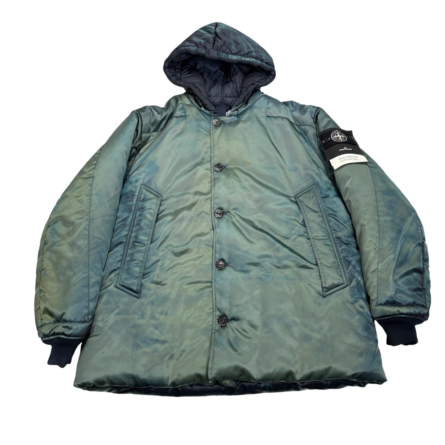 Stone Island Green Hand Corrosion On Nylon Twill Hooded Padded Coat