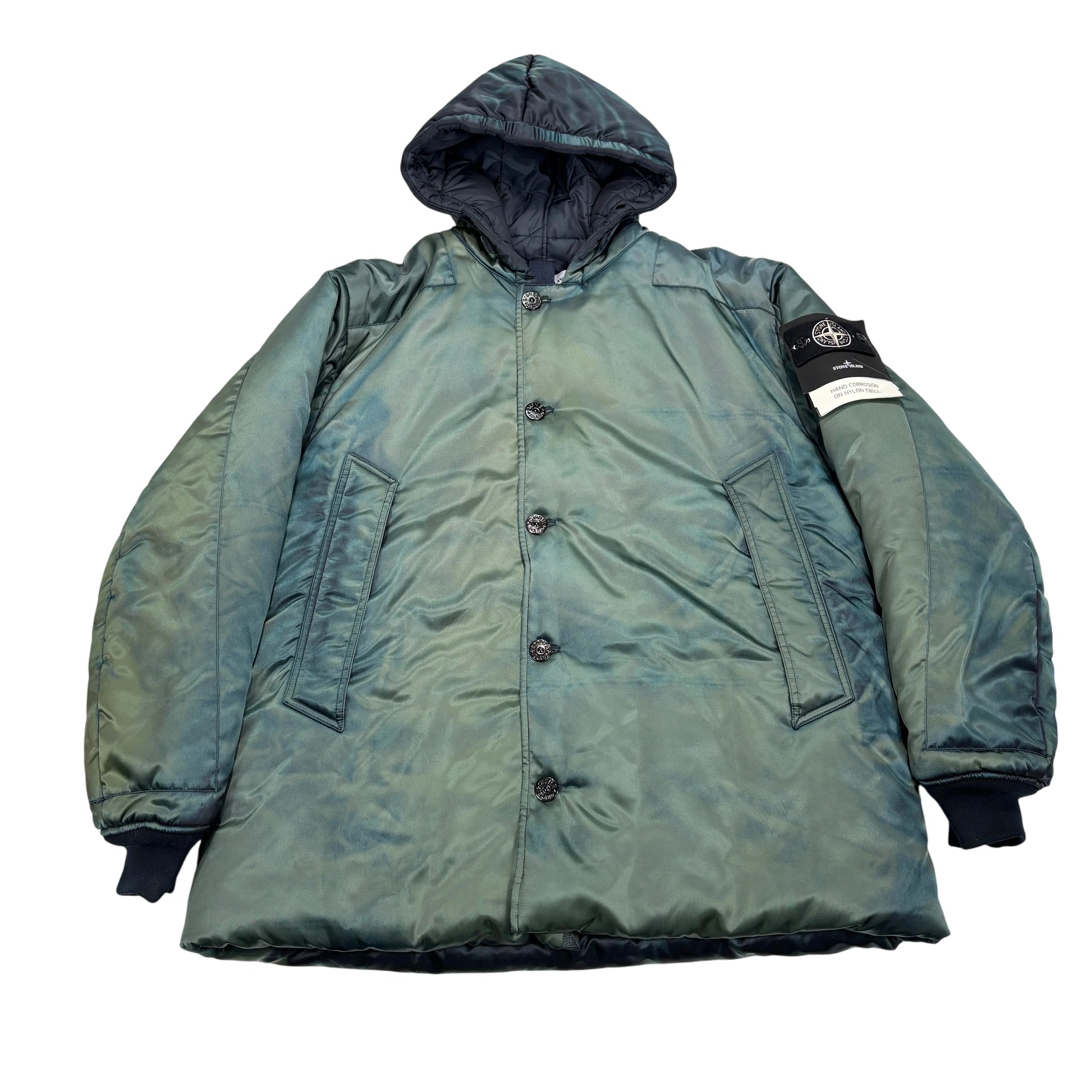Stone Island Green Hand Corrosion On Nylon Twill Hooded Padded Coat