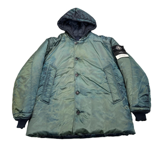 Stone Island Green Hand Corrosion On Nylon Twill Hooded Padded Coat