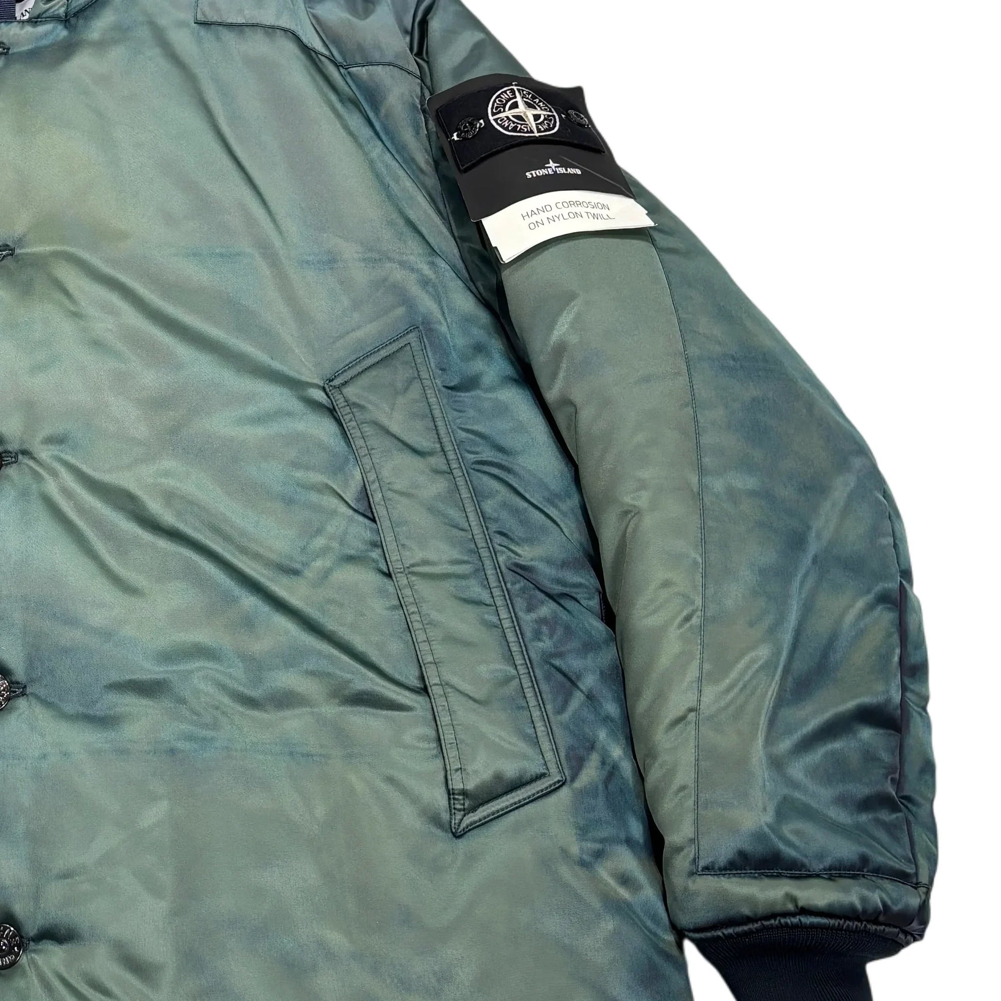 Stone Island Green Hand Corrosion On Nylon Twill Hooded Padded Coat