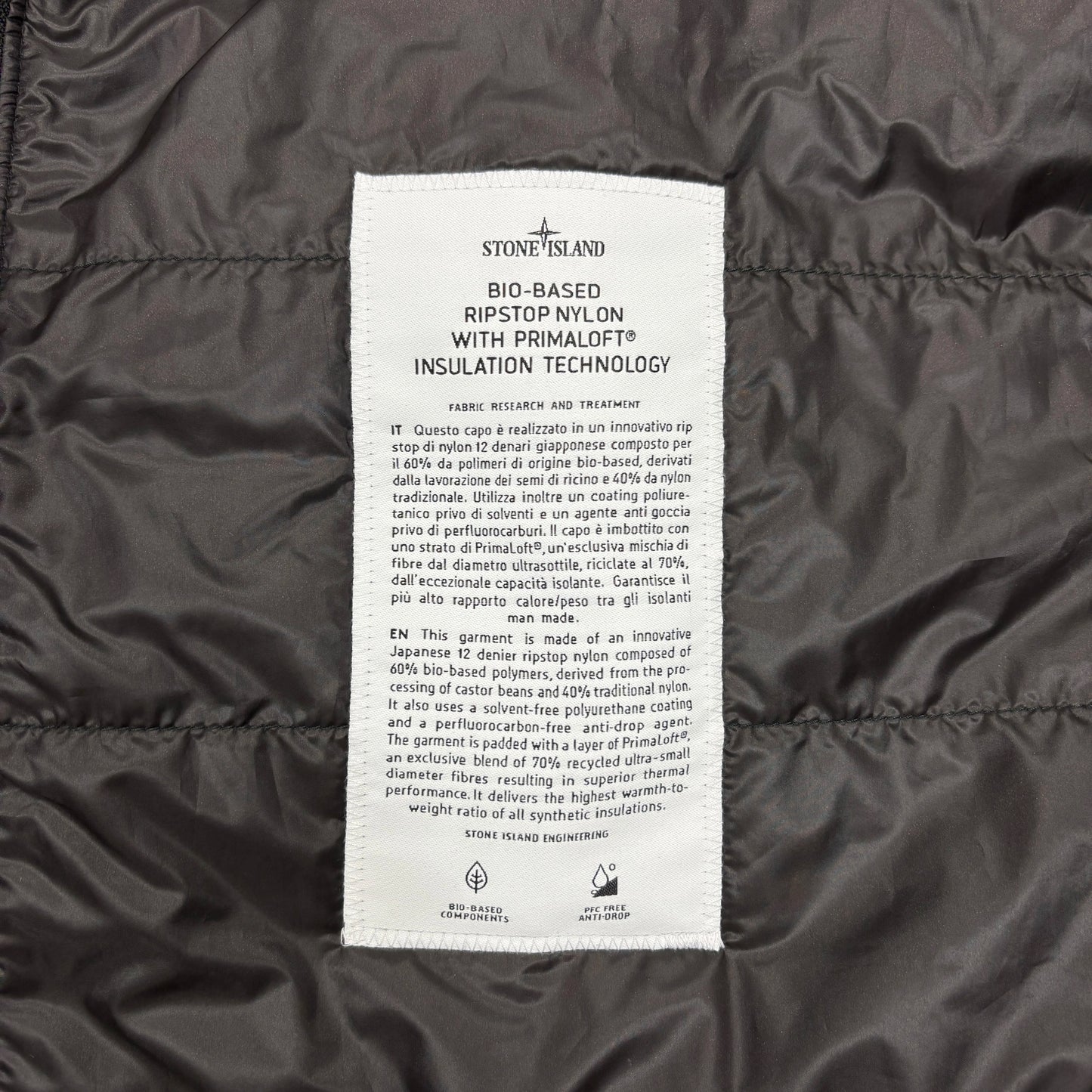 Stone Island Navy Blue Bio-Based Ripstop Nylon with Primaloft Insulation Technology Jacket