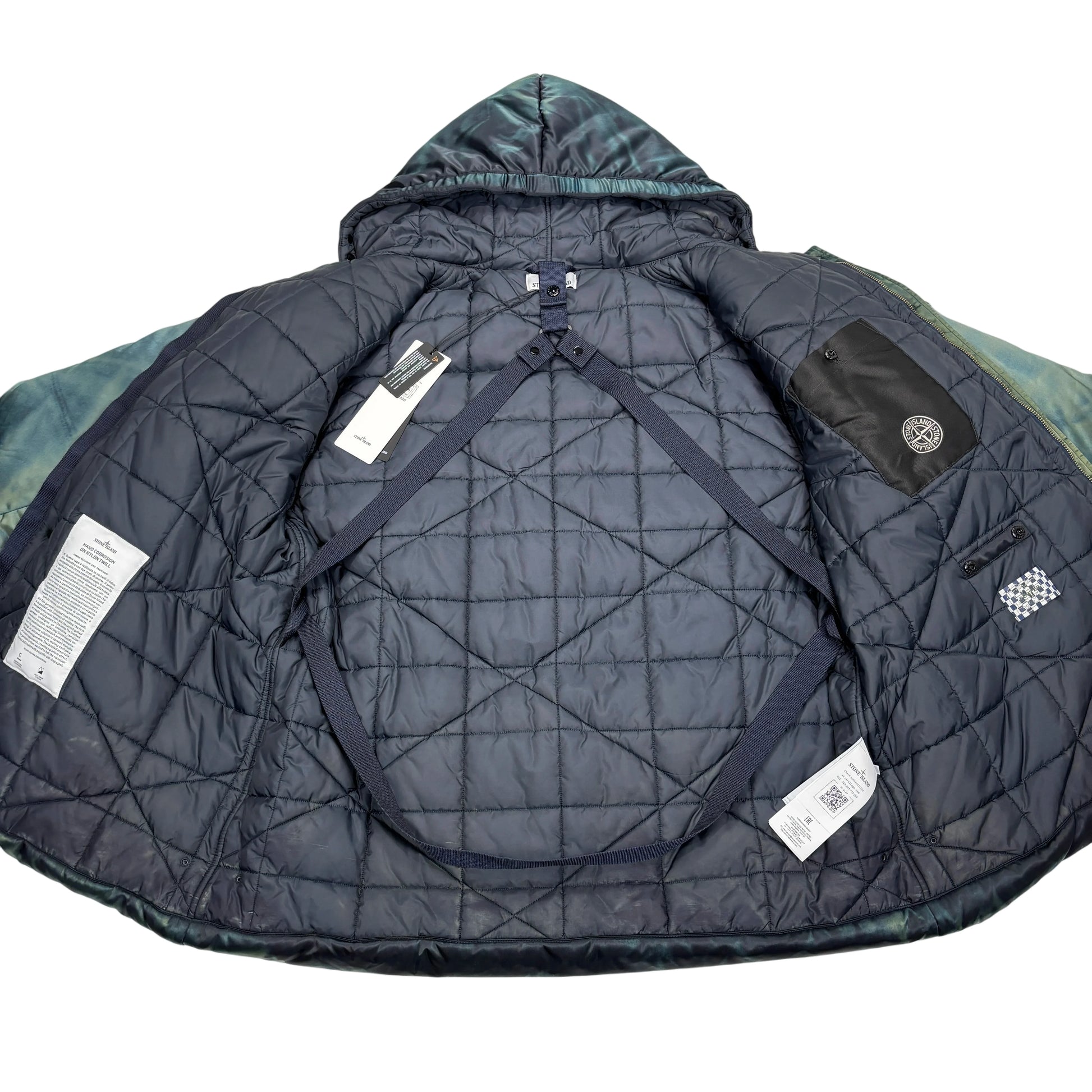 Stone Island Green Hand Corrosion On Nylon Twill Hooded Padded Coat