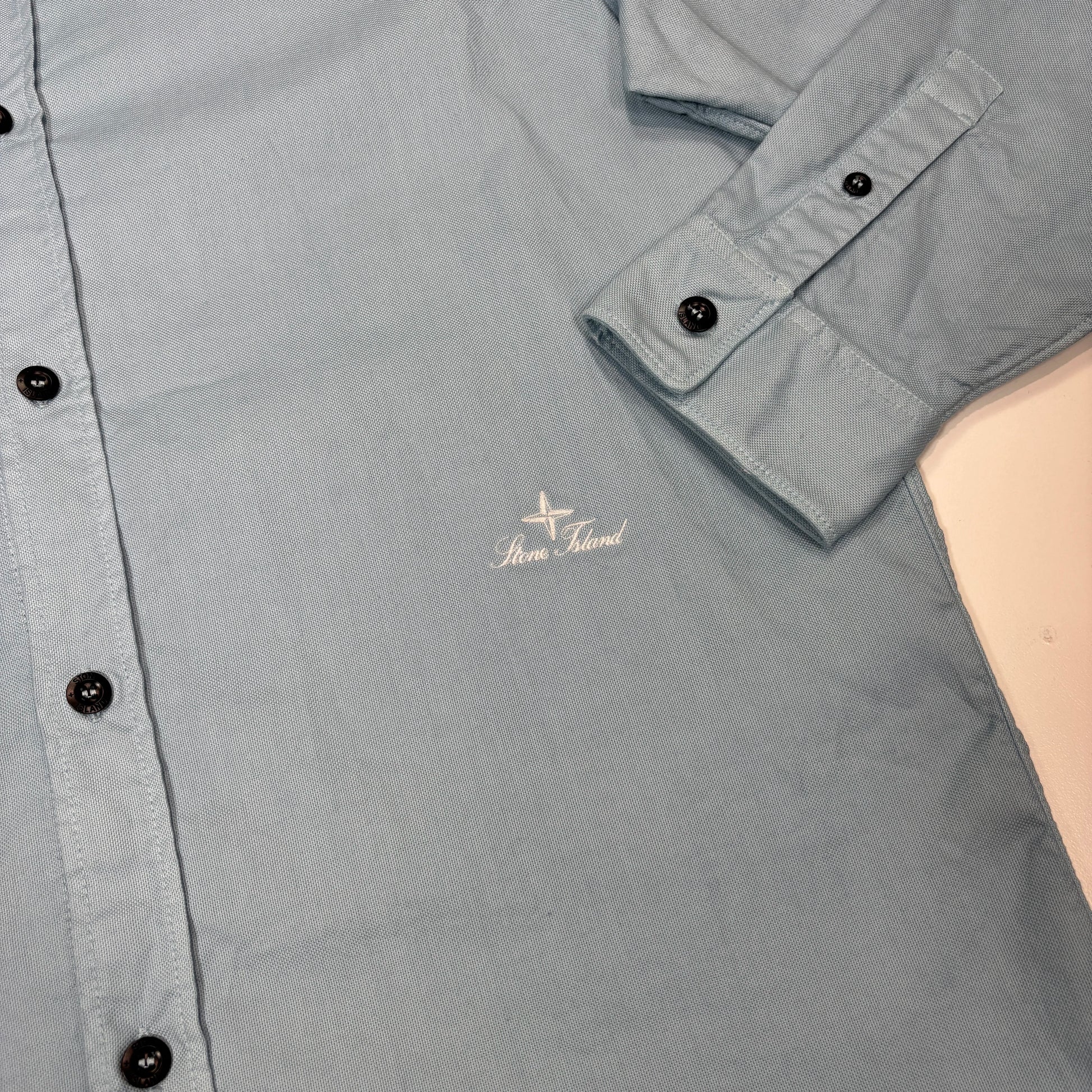 Stone Island Blue Embroidered Logo Long-sleeve Button-up Shirt