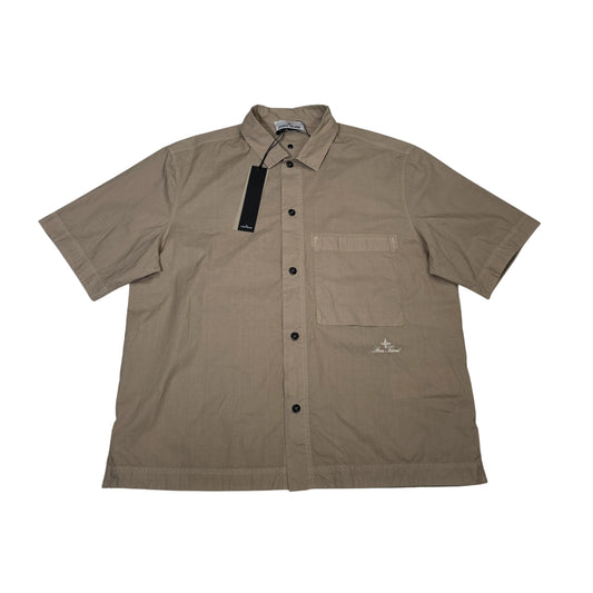 Stone Island Beige Embroidered Logo Short Sleeve Button-Button Shirt