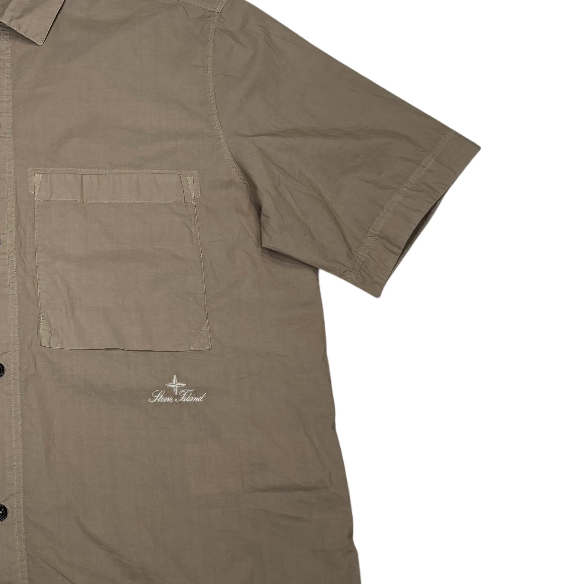 Stone Island Beige Embroidered Logo Short Sleeve Button-Button Shirt