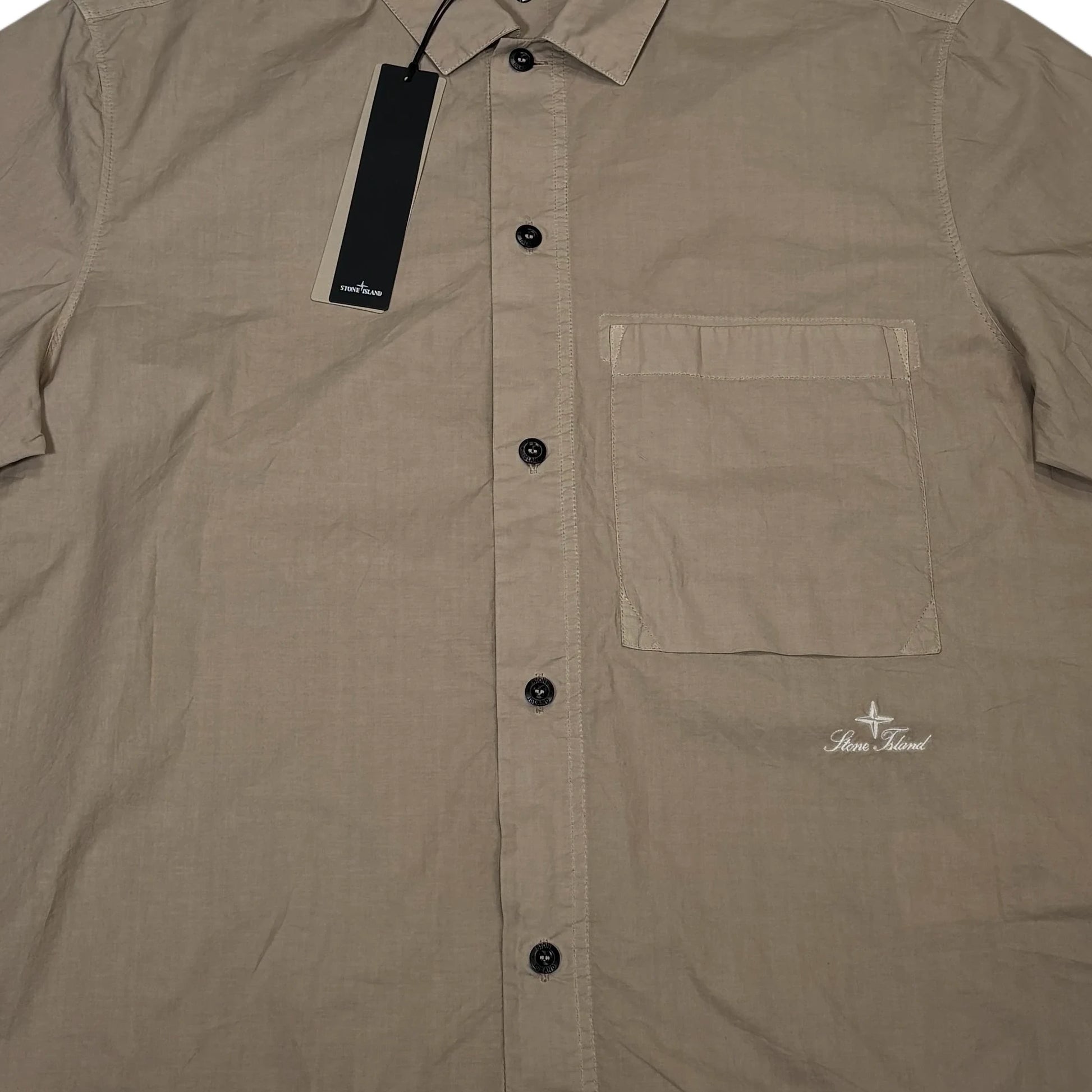 Stone Island Beige Embroidered Logo Short Sleeve Button-Button Shirt