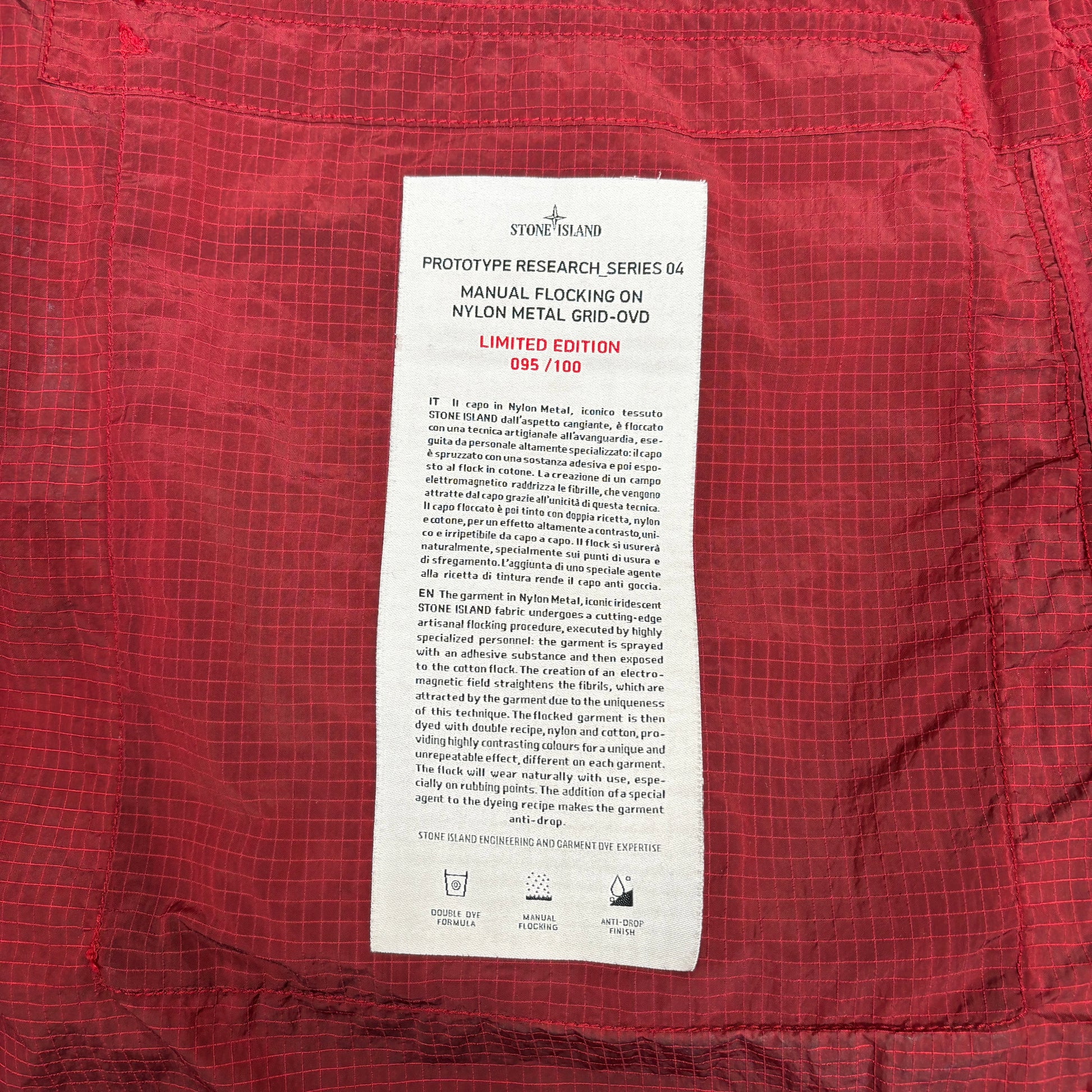 Stone Island Red Prototype Series 04 Manual Flocking Nylon Metal Grid-OVD 095/100 Coat