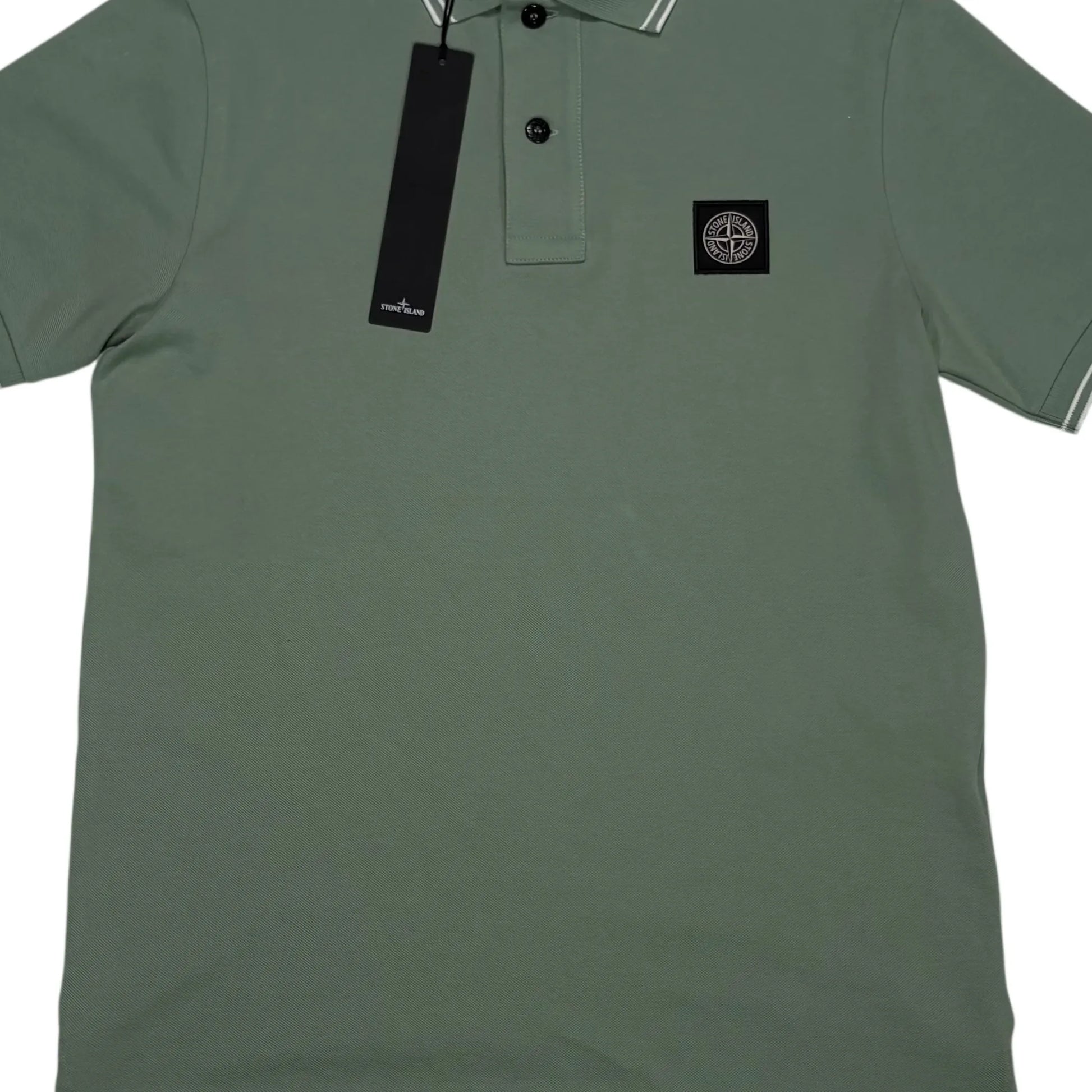 Stone Island Green Patch Logo with Stripes Polo Shirt