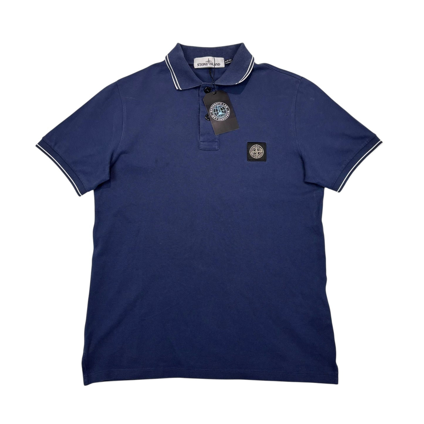 Stone Island Navy Blue with White Stripe Patch Logo Polo Shirt
