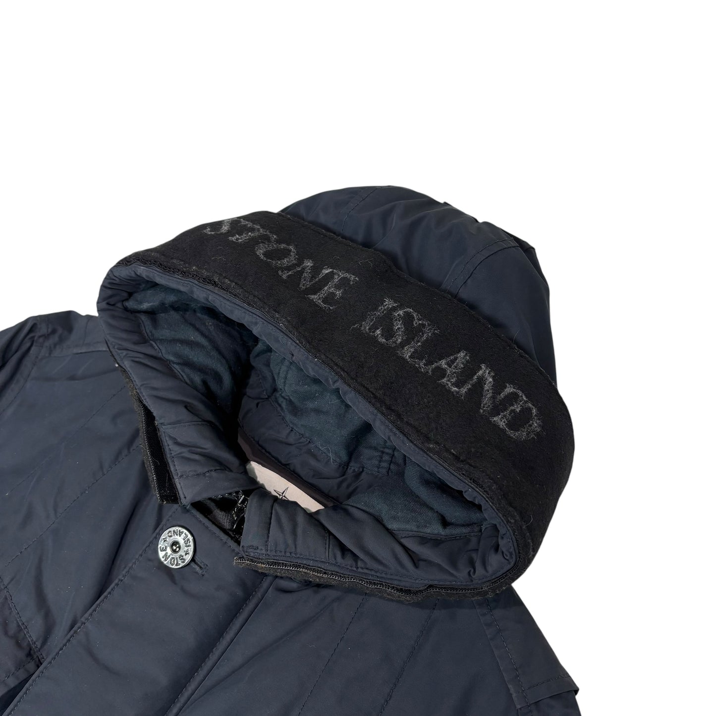 Stone Island Navy Blue Micro Reps with Primaloft Insulation Technology Long Line Hood Spell Out Compass Patch Coat