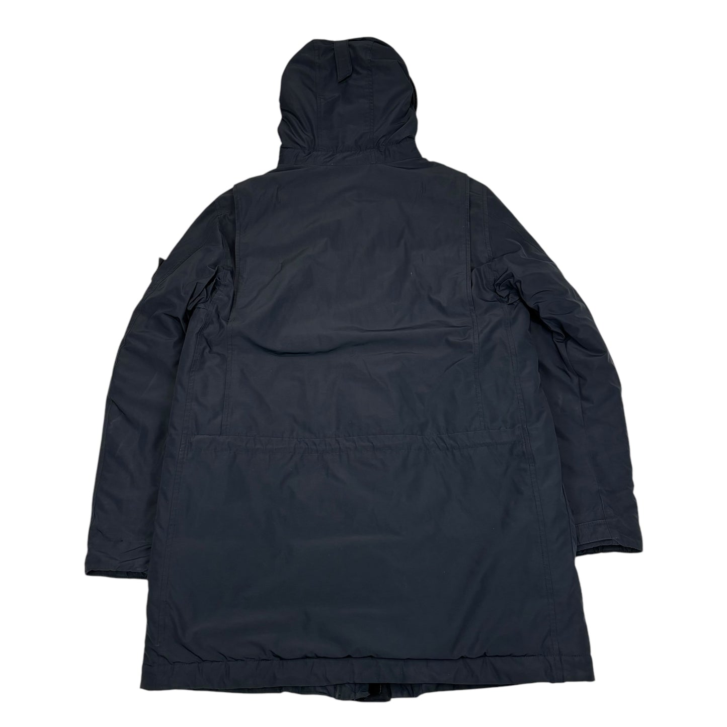 Stone Island Navy Blue Micro Reps with Primaloft Insulation Technology Long Line Hood Spell Out Compass Patch Coat