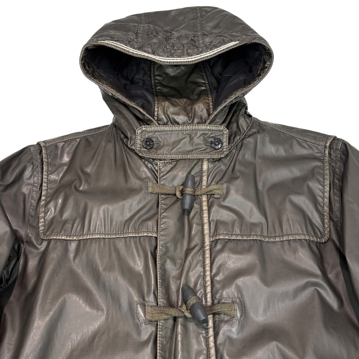 Stone Island Brown Mussola Gommata Compass Patch Long Line Jacket
