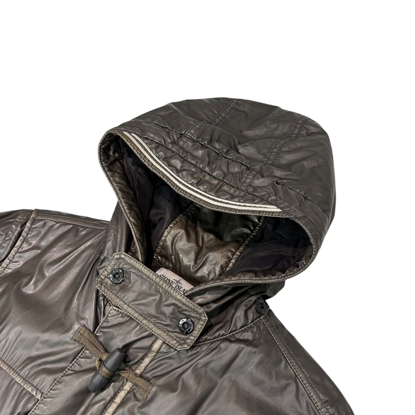 Stone Island Brown Mussola Gommata Compass Patch Long Line Jacket