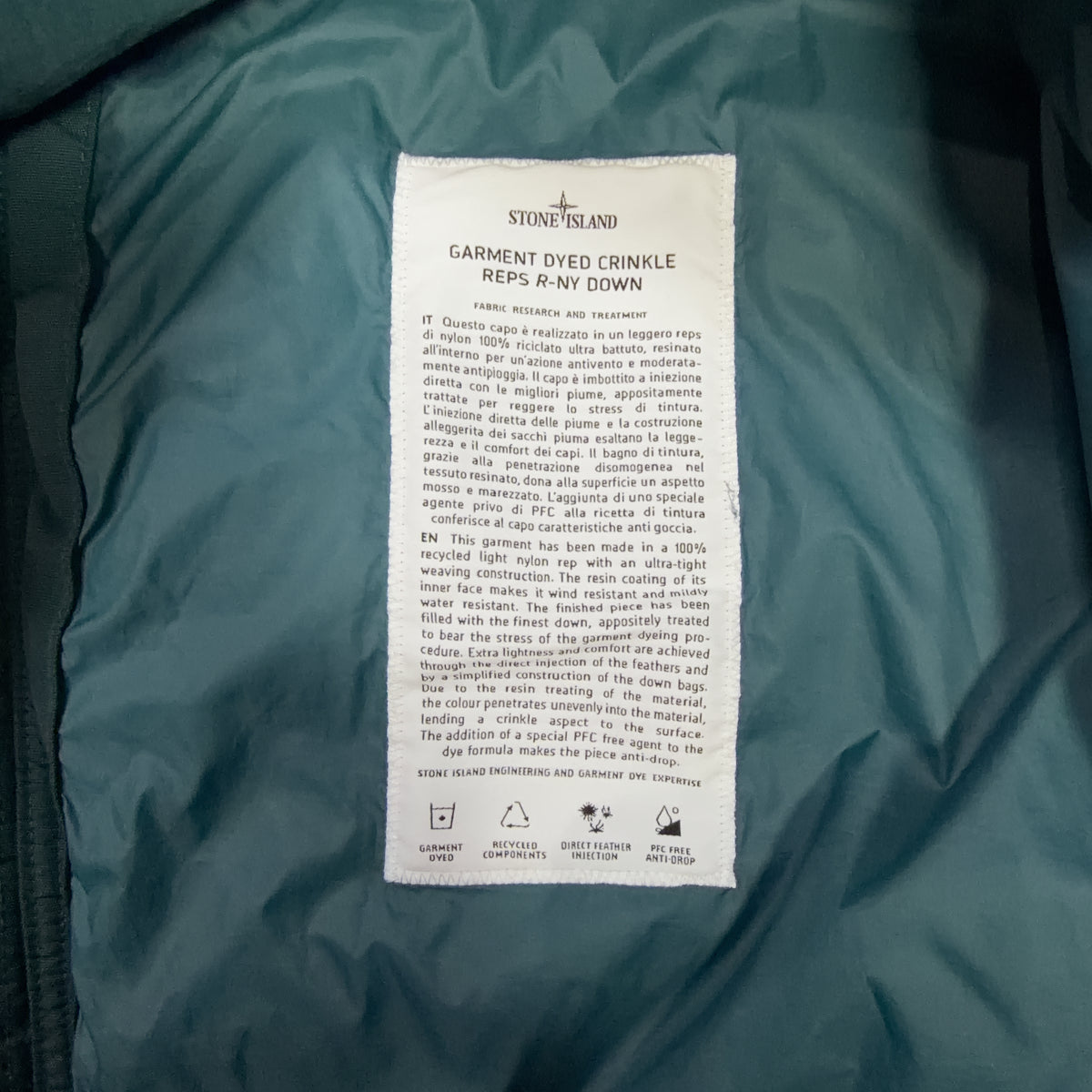 Stone Island Garment Dyed Crinkle Reps R-NY Down Hooded Jacket – Teal