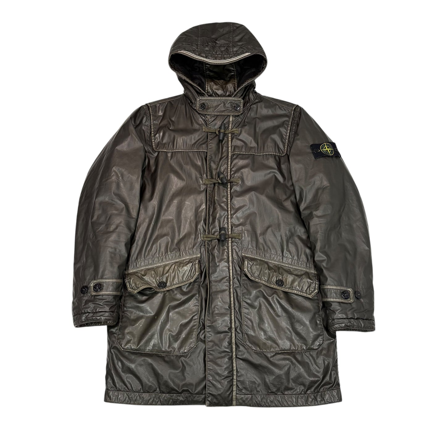Stone Island Brown Mussola Gommata Compass Patch Long Line Jacket