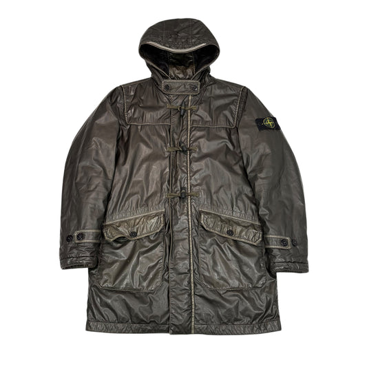 Stone Island Brown Mussola Gommata Compass Patch Long Line Jacket