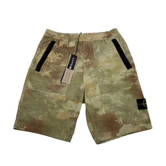 Stone Island Tan Dissolving Grid Camo Compass-Patch Shorts