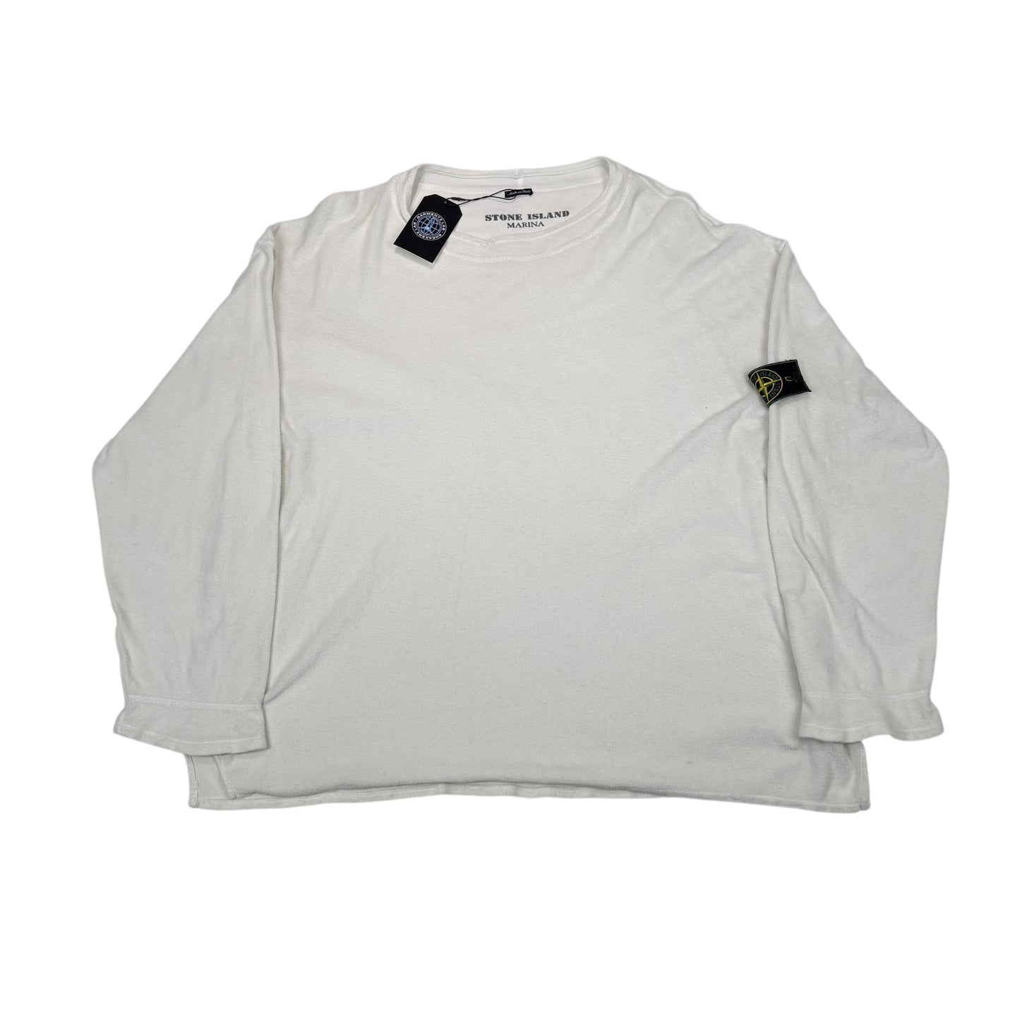 Stone Island White Towelling Fleece Marina Green Edge Badge Jumper