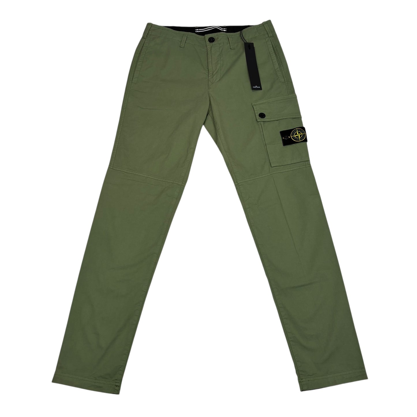Stone Island Khaki Green Brushed Cotton Buttoned Pockets Compass-Patch Cargo Trousers