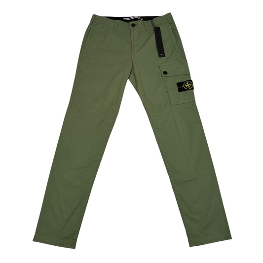 Stone Island Khaki Green Brushed Cotton Buttoned Pockets Compass-Patch Cargo Trousers