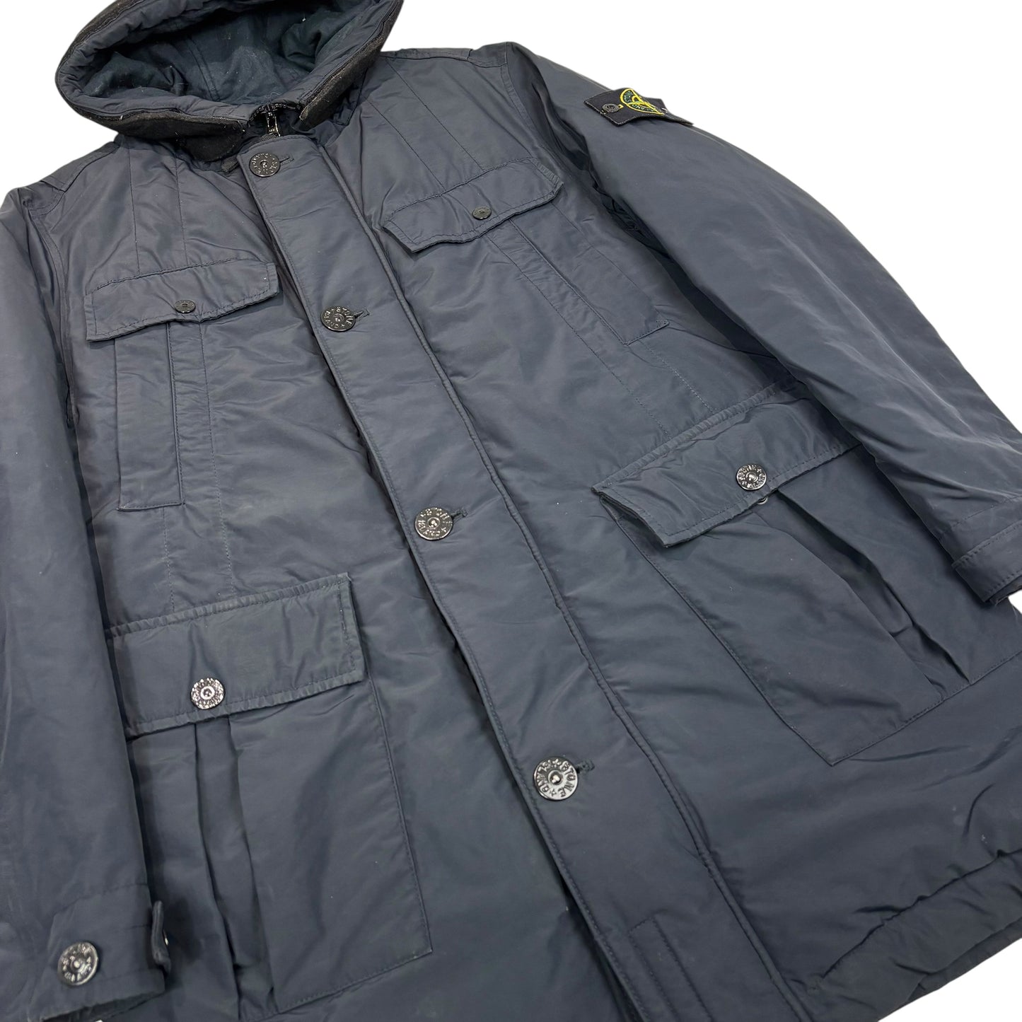 Stone Island Navy Blue Micro Reps with Primaloft Insulation Technology Long Line Hood Spell Out Compass Patch Coat
