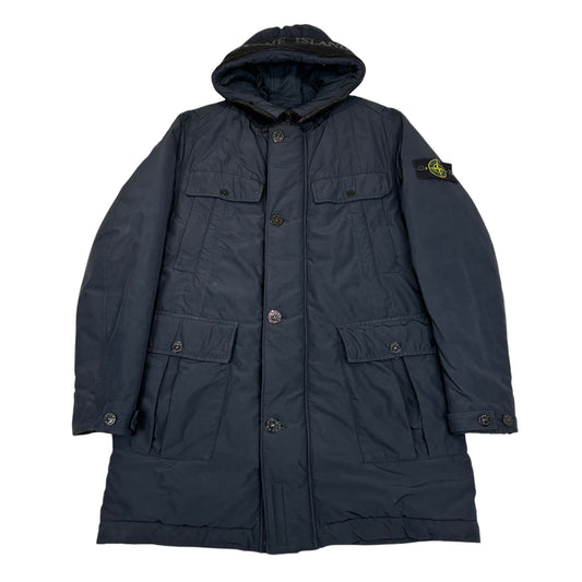 Stone Island Navy Blue Micro Reps with Primaloft Insulation Technology Long Line Hood Spell Out Compass Patch Coat