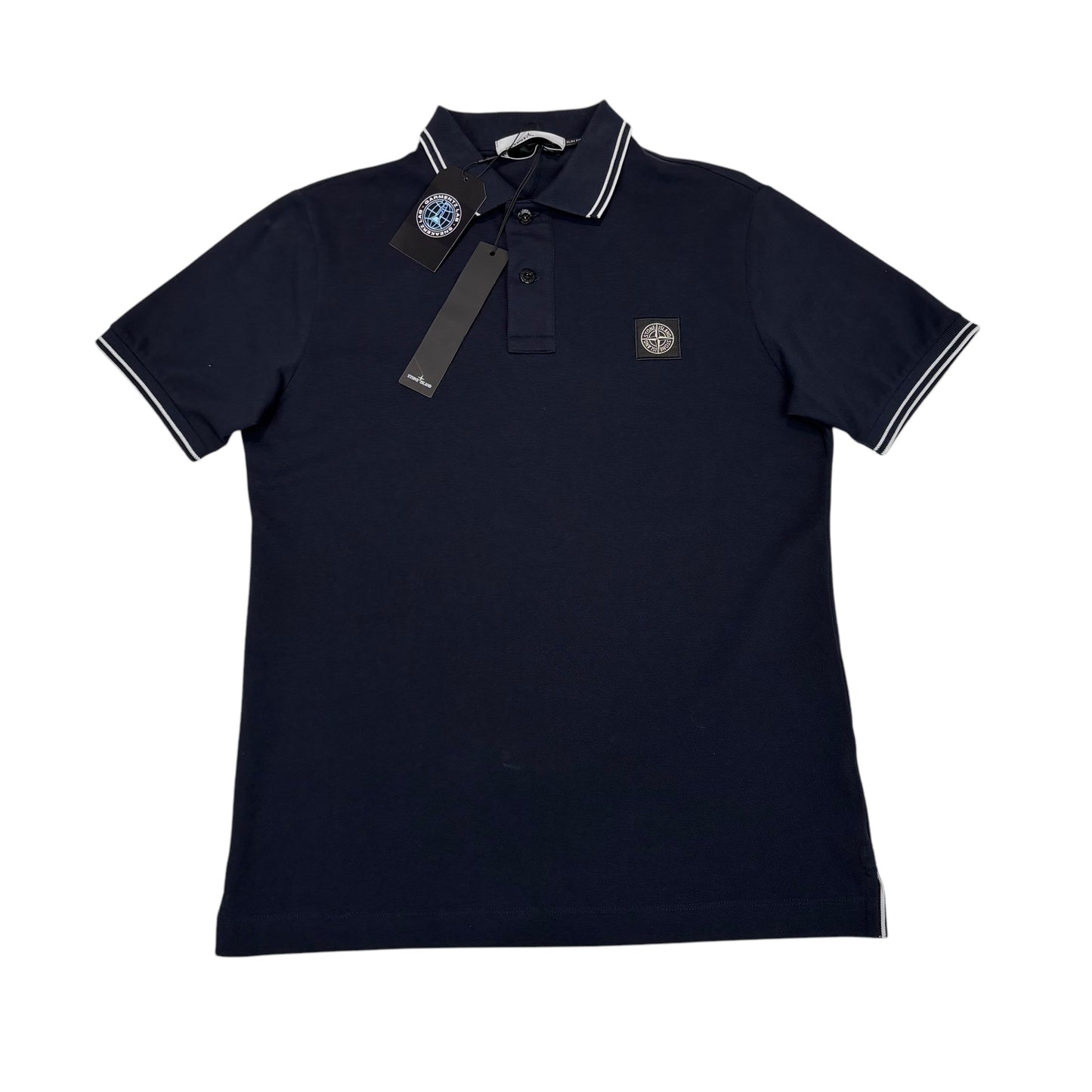 Stone Island Navy Blue Patch Logo Striped Polo TShirt