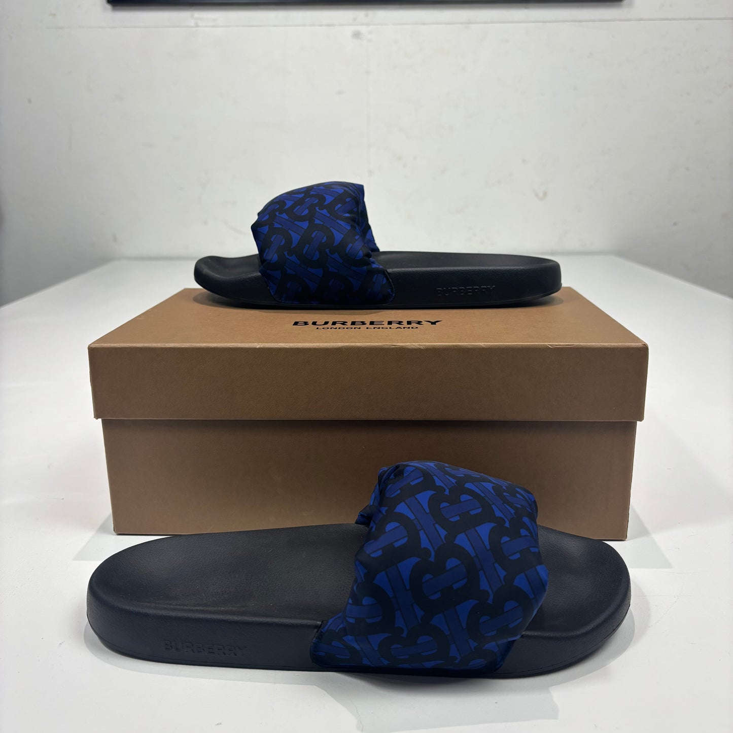 Burberry Deep Royal Blue Patterned Sliders