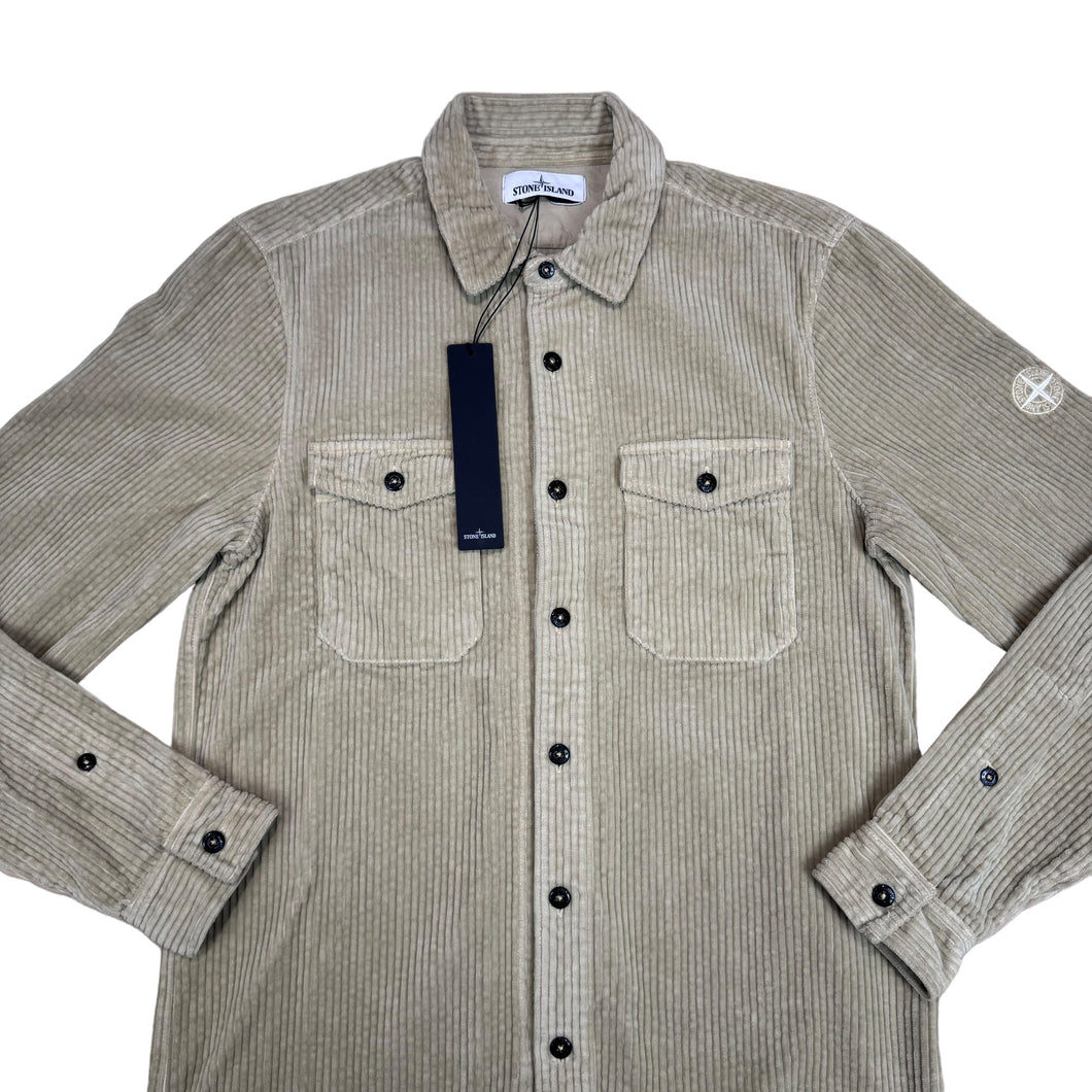 Stone Island Ecru Cream Button Up Corduroy Compass-Embroidery Overshirt Jacket