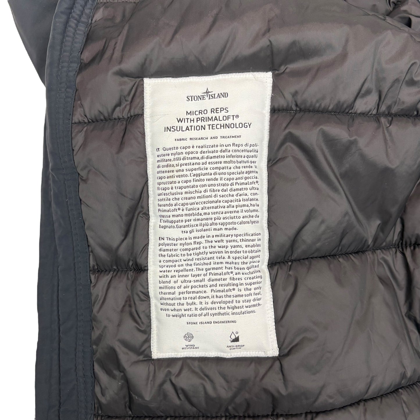 Stone Island Navy Blue Micro Reps with Primaloft Insulation Technology Long Line Hood Spell Out Compass Patch Coat