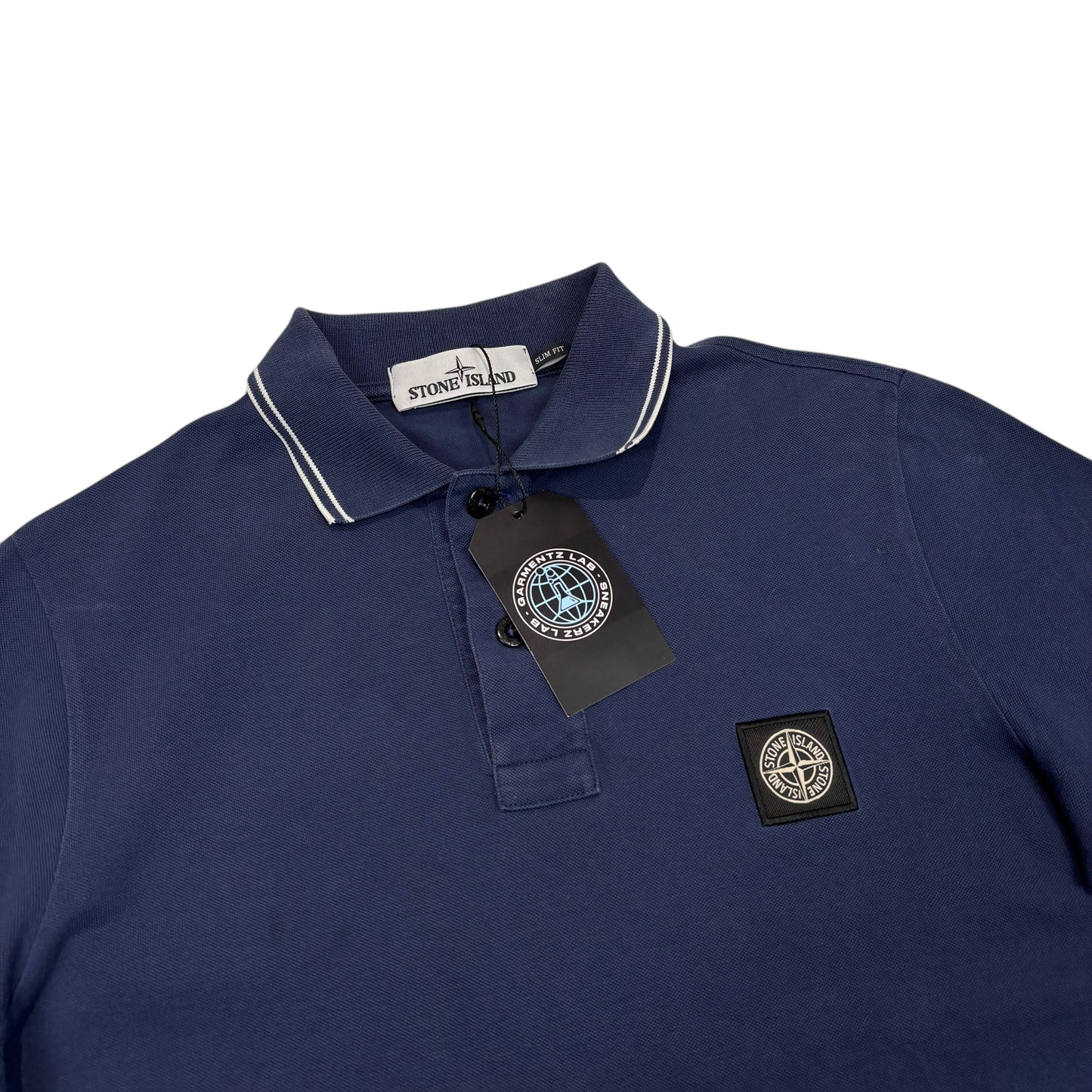 Stone Island Navy Blue with White Stripe Patch Logo Polo Shirt
