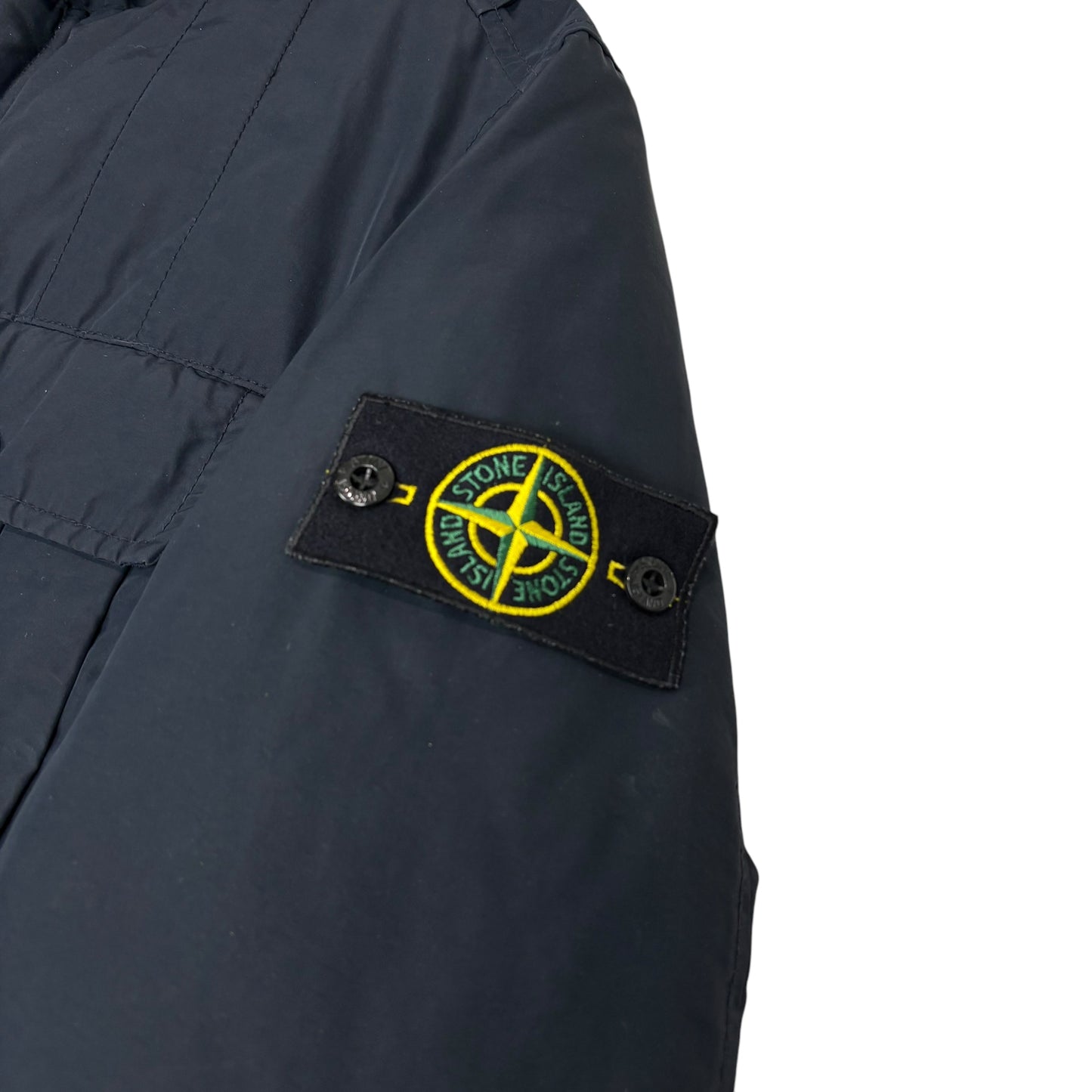 Stone Island Navy Blue Micro Reps with Primaloft Insulation Technology Long Line Hood Spell Out Compass Patch Coat