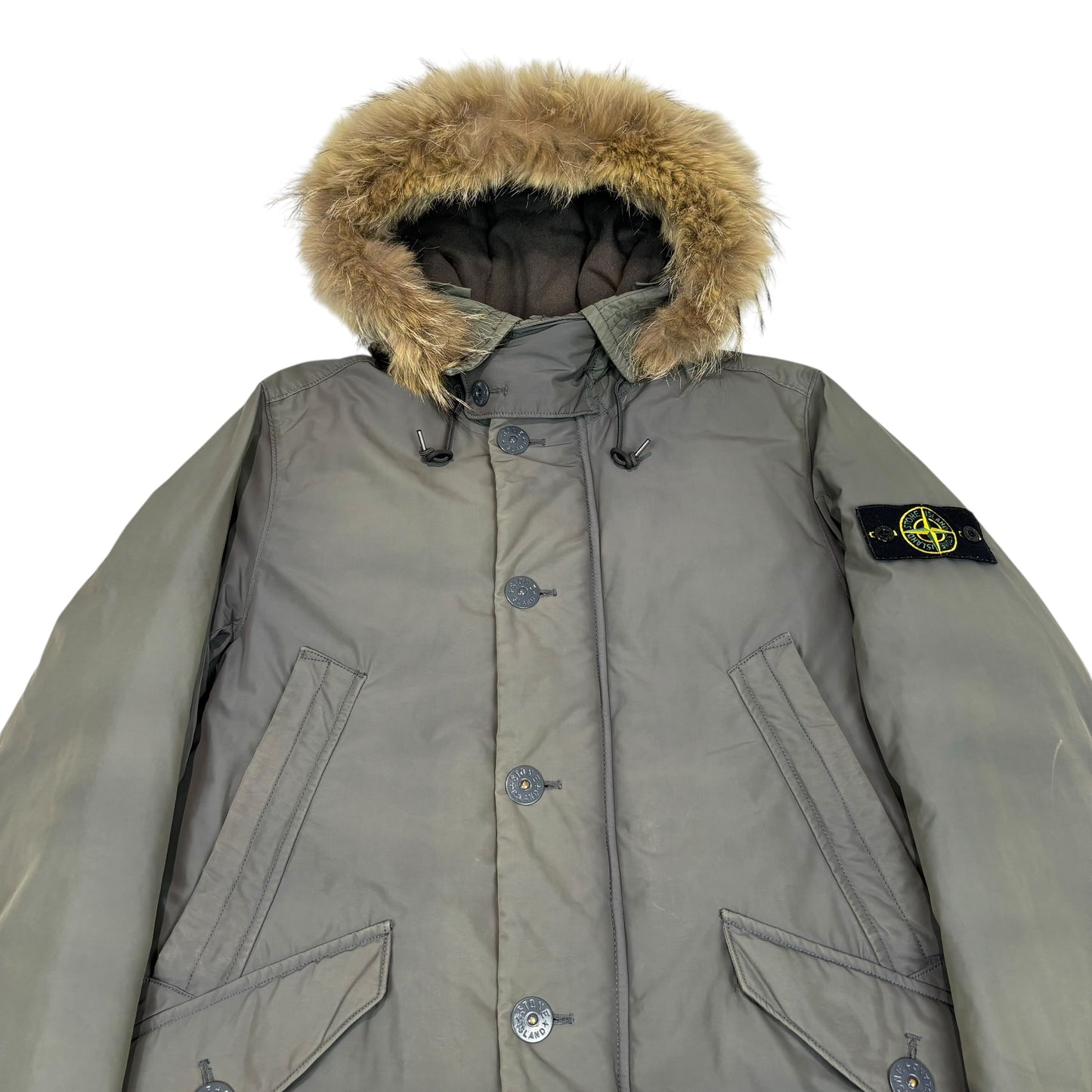 Stone Island Green Micro Reps Down Fur Hood Compass-Patch Jacket