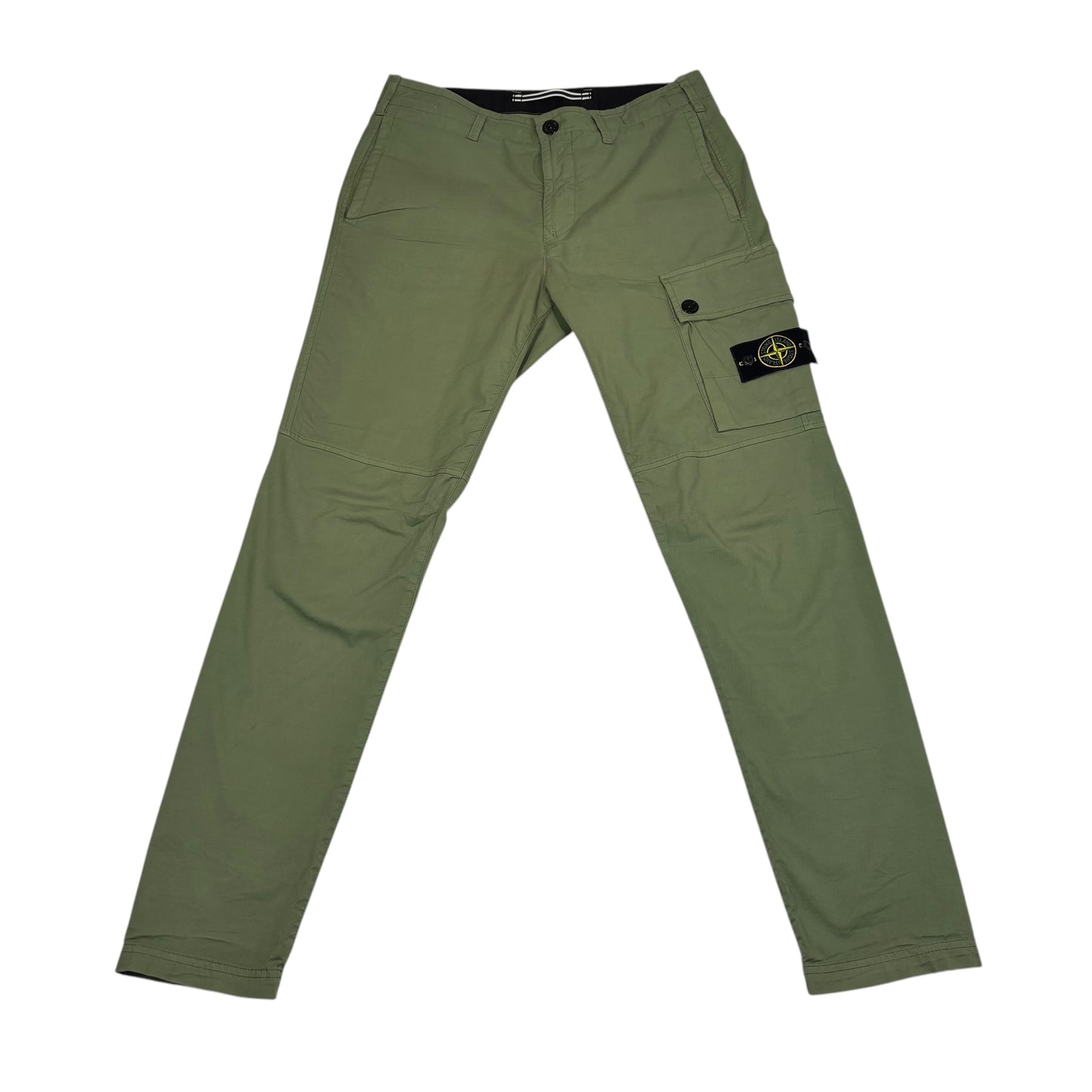 Stone Island Khaki Green Brushed Cotton Buttoned Pockets Compass-Patch Cargo Trousers