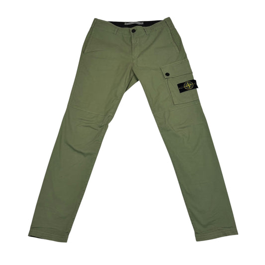 Stone Island Khaki Green Brushed Cotton Buttoned Pockets Compass-Patch Cargo Trousers