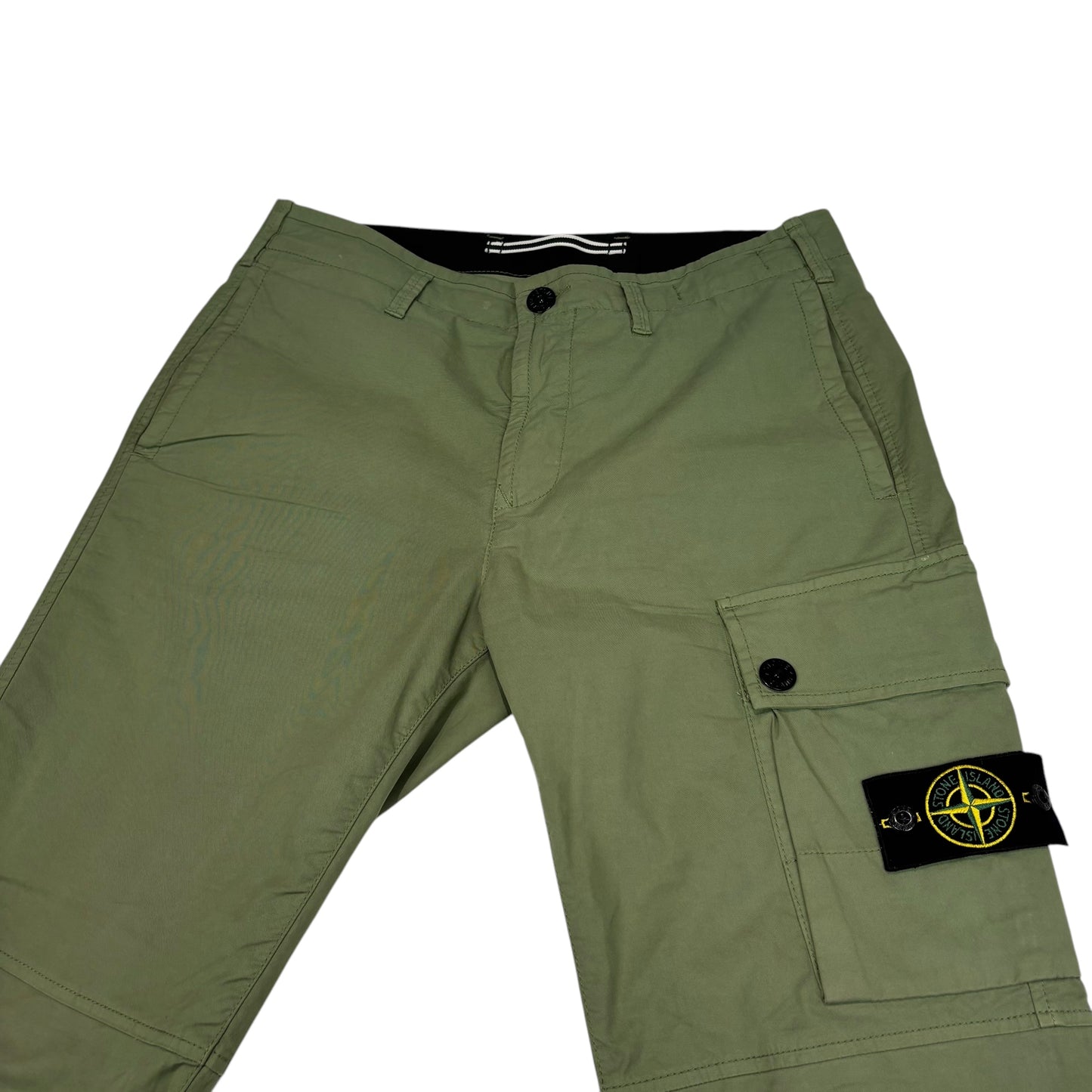 Stone Island Khaki Green Brushed Cotton Buttoned Pockets Compass-Patch Cargo Trousers
