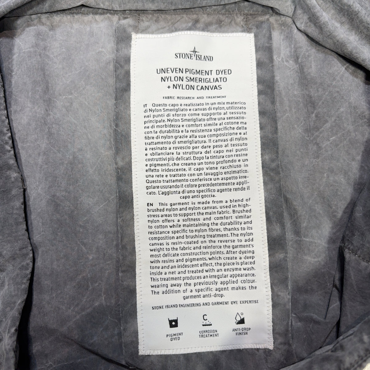 Stone Island Uneven Pigment Dyed Nylon Smerigliato + Nylon Canvas Grey Jacket
