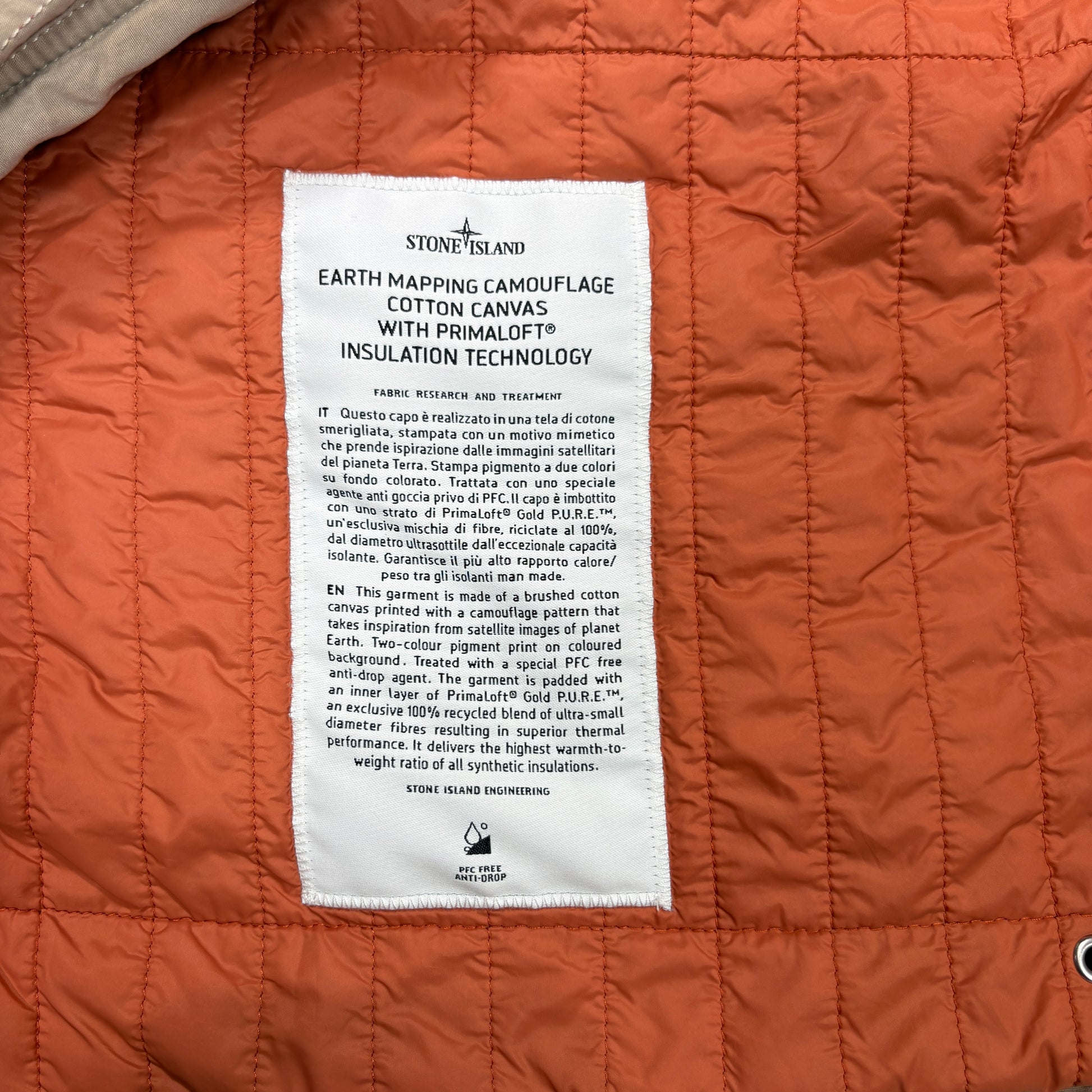 Stone Island Orange Earth Mapping Camo Cotton Canvas with Primaloft Insulation Technology Jacket
