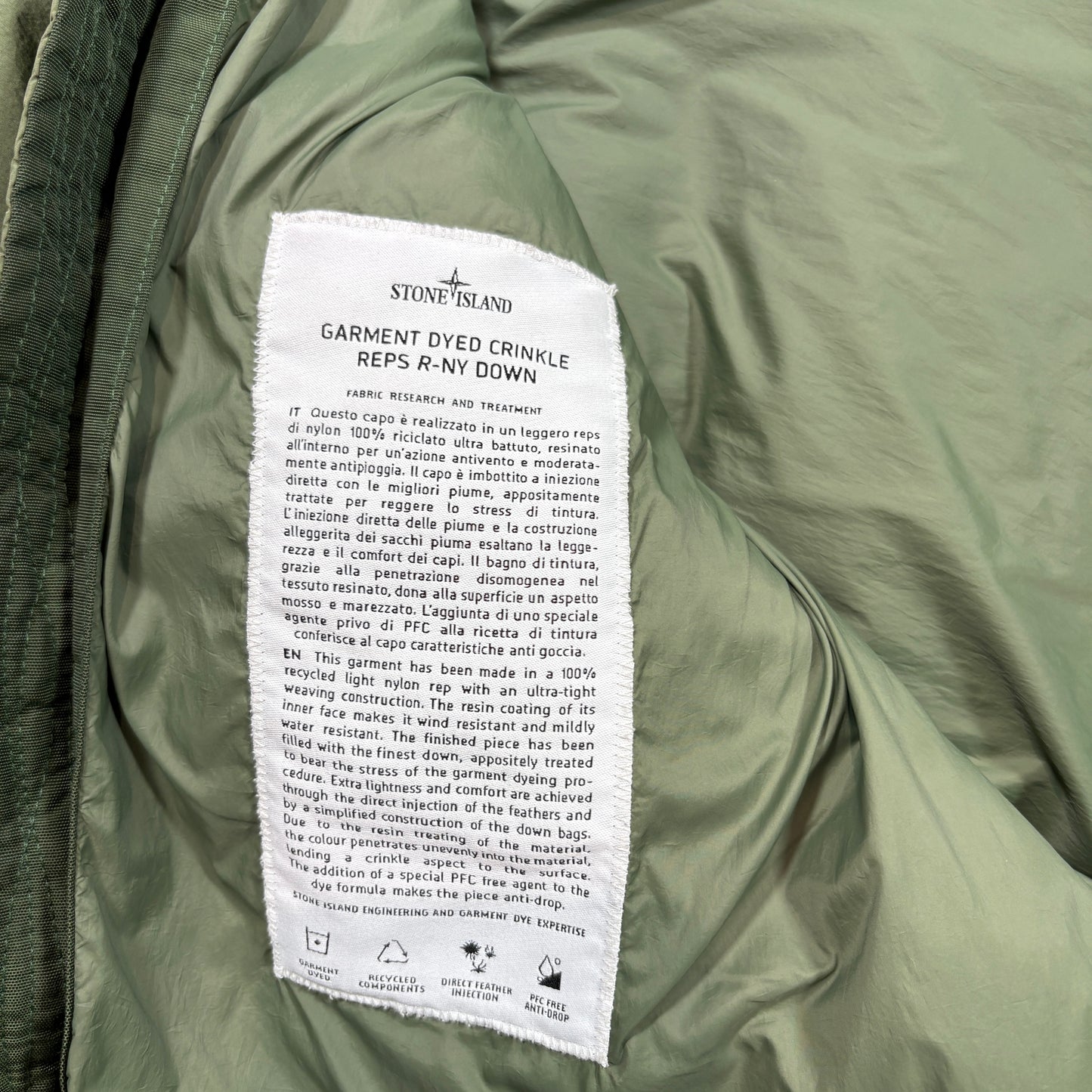 Stone Island Green Garment Dyed Crinkle Reps R-NY Down