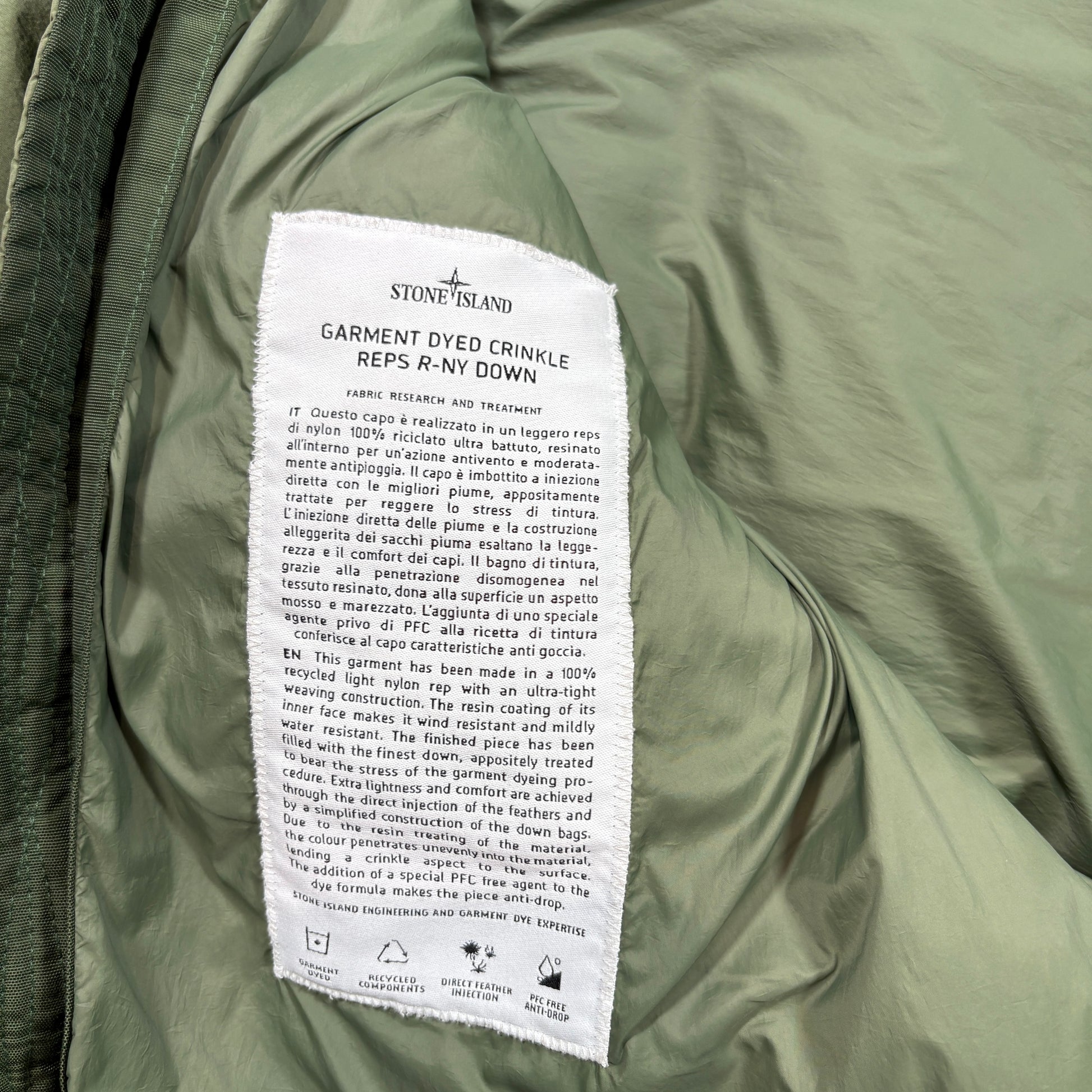 Stone Island Green Garment Dyed Crinkle Reps R-NY Down