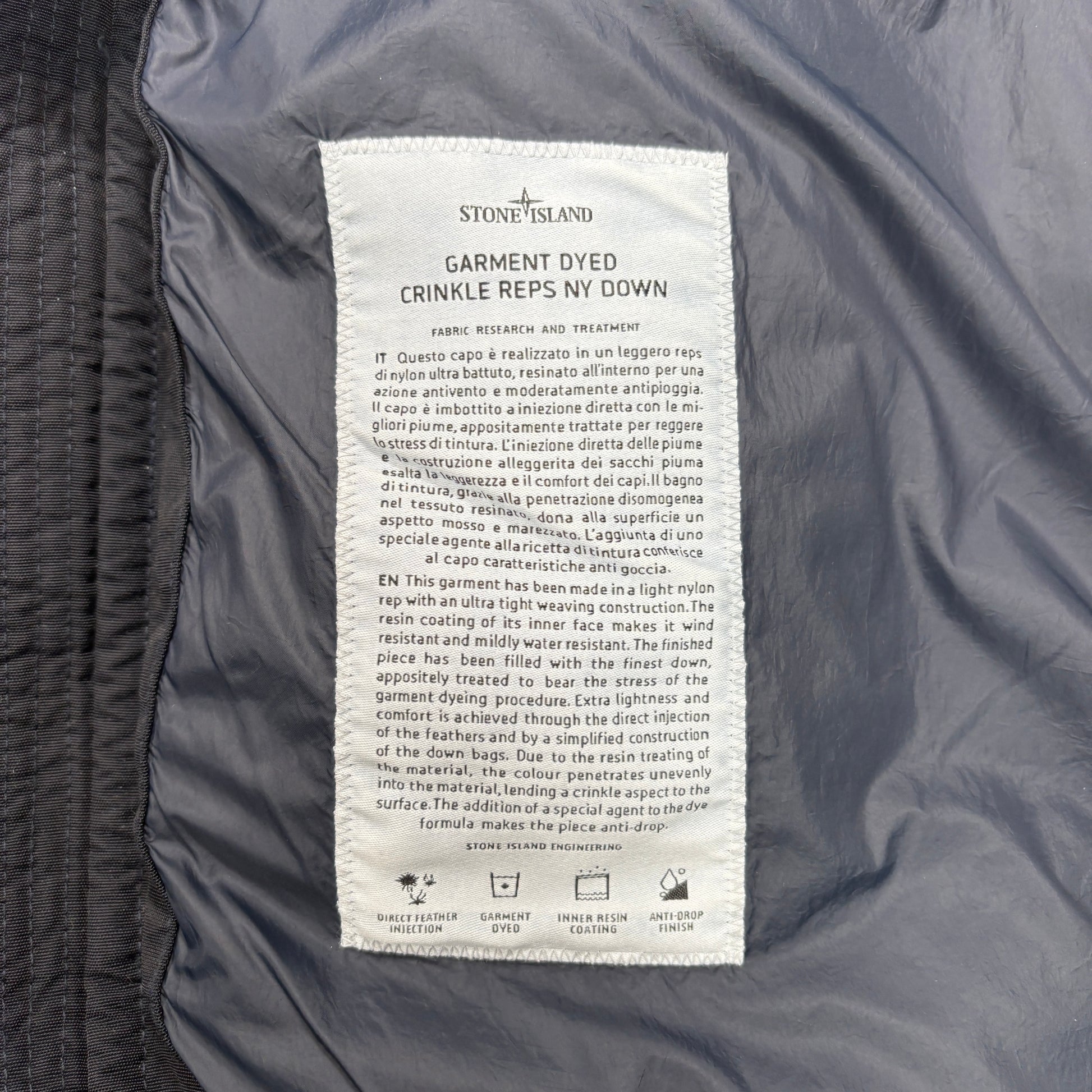 Stone Island Navy Blue Garment Dyed Crinkle Reps NY Down with Hidden Hood Compass Patch Puffer Jacket